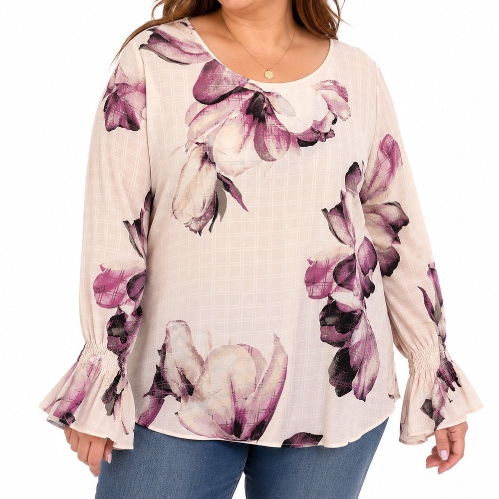 Alfani‎ 3X NWT Floral Blouse Bell Sleeve Smocked Cuff Lightweight Career Top